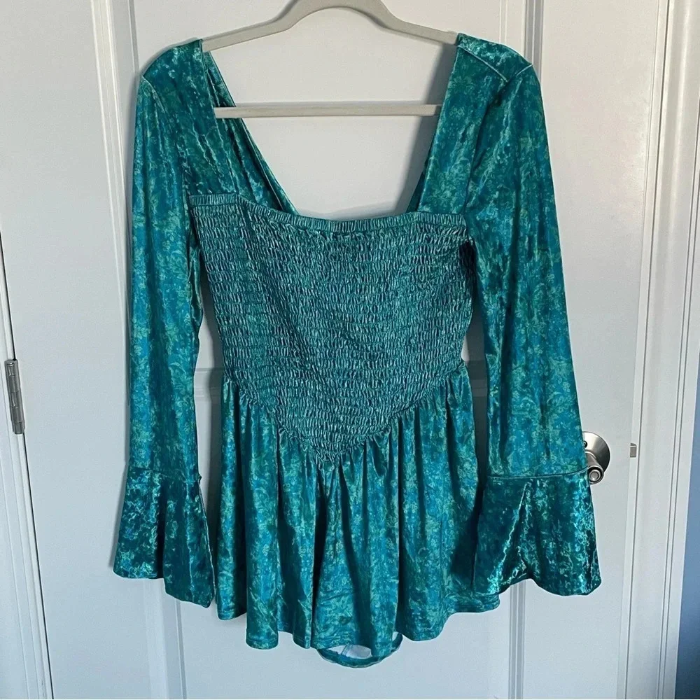 New! Free People Bali tight rope romper blue green velvet nwot 29047